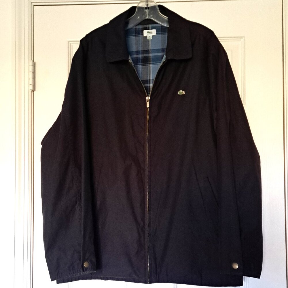 LACOSTE Logo Men’s Black Blue Plaid Lining Zip Front Jacket Sport Coat  Size XL